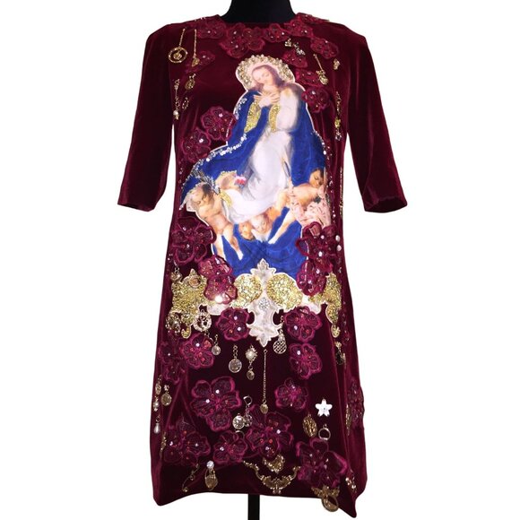 Luxury Designer Runway Embroidery Velvet Beaded Baroque Burgundy Red Gold Dress - Picture 15 of 16